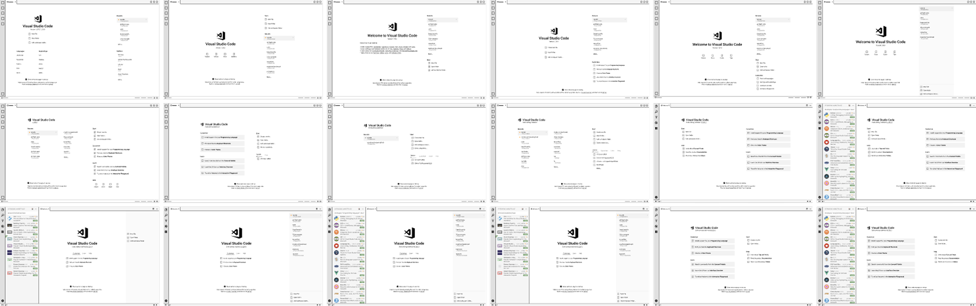 A grid of wireframes exploring welcome page layouts, varying where recent projects, start actions, and help content appear